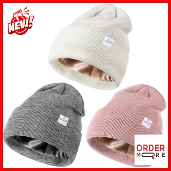 Satin Lined Winter Beanie Set, 3 Pack Silk Lined Soft Hats for Women - Picture 2 of 8